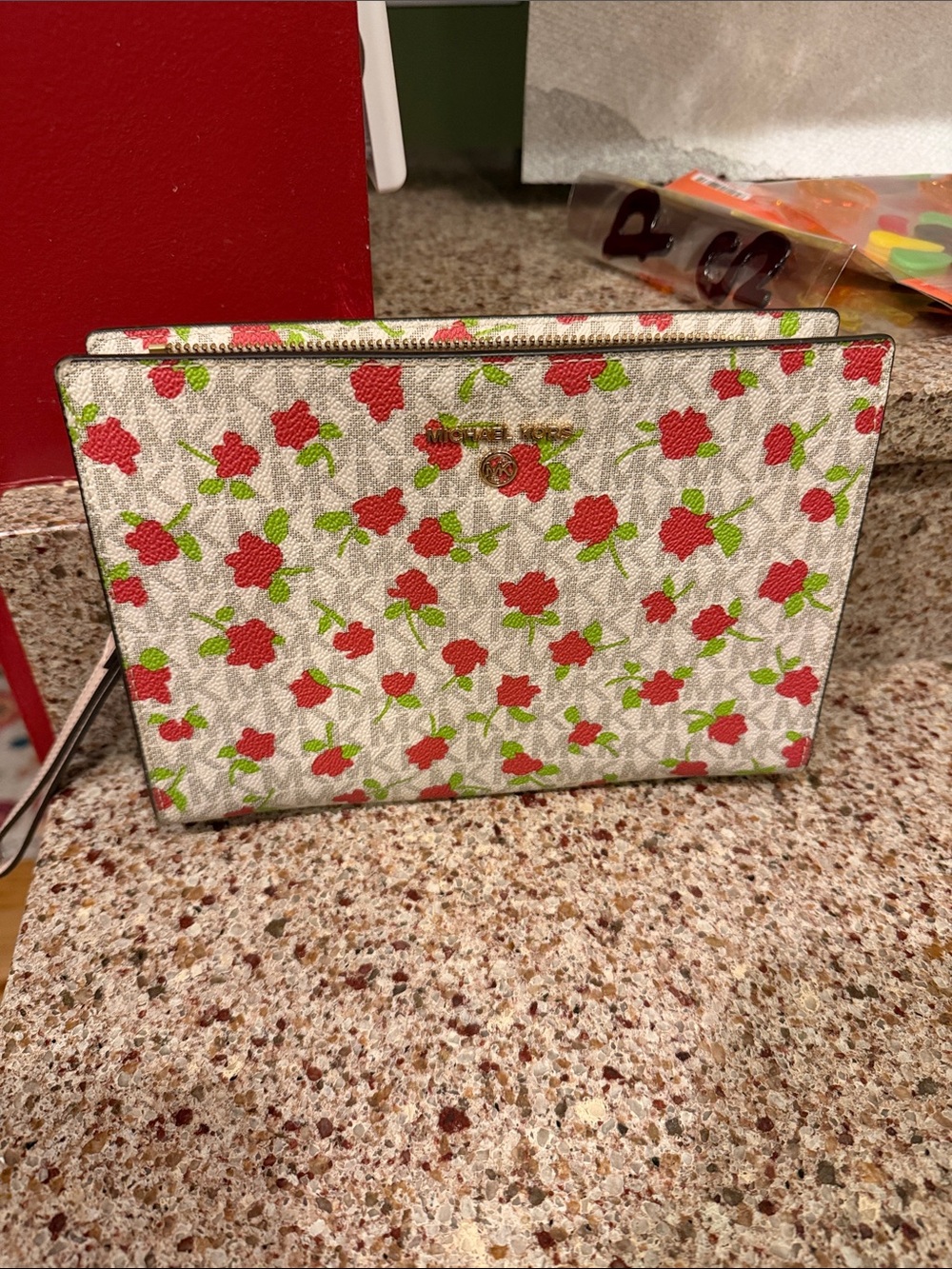 Michael Kors White Floral Zip Wristlet with Red & Green Accents